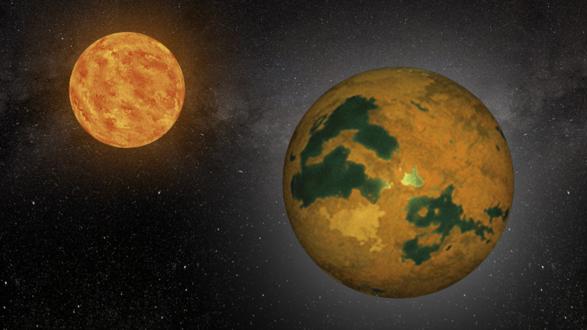 a mottled brown planet orbits a fiery orange star. thousands of stars dot the background