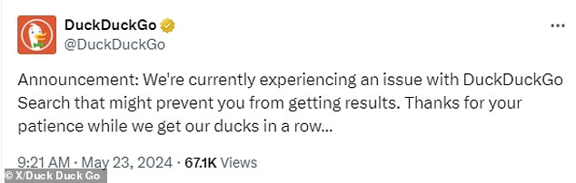 DuckDuckGo's statement about the outage posted at 9:21 a.m. GMT