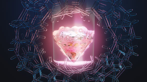 Conceptual art shows the rare earth element promethium in a vial surrounded by an organic ligand. Image credit: Jacqueline DeMink / Thomas Dyke / ORNL.