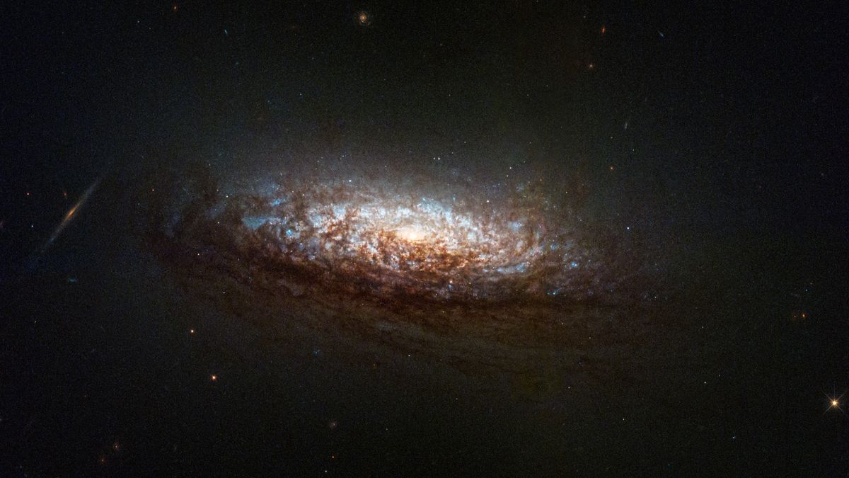 a stunning spiral galaxy hangs dimly in the dark of space; a bright light at its center illuminates nearby gasses, swirling around in shades of pale blues, whites and crisp browns.