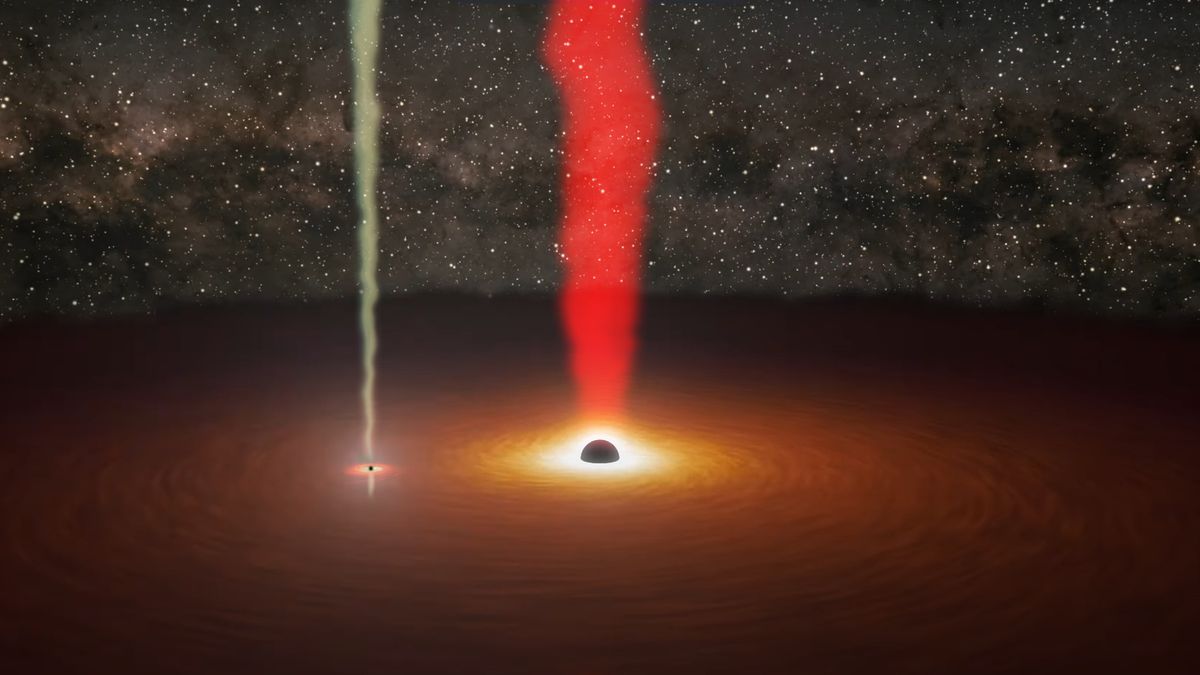 dark orange and brown gas swirls in a disk around a black orb, which spews bright red gas upward. to its left, a smaller black point shoots a light gas upward too.