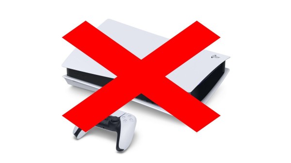 PlayStation 5 console with a red cross over it