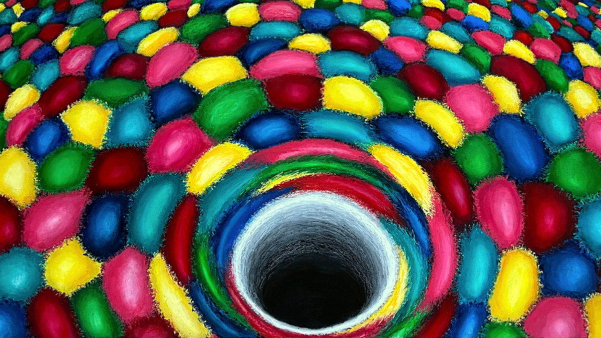 A black circle outlined with a white swirl in a sea of red, blue, yellow and green blobs