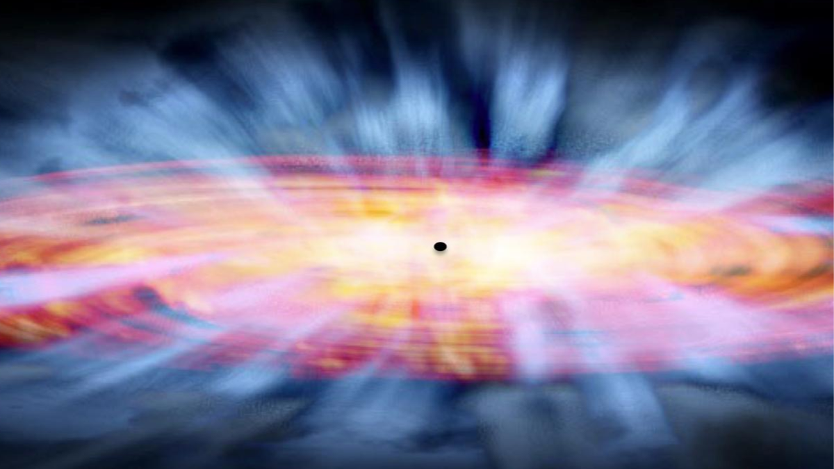 A glowing red and orange disk with a black circle at its center and blue streaks coming from it.