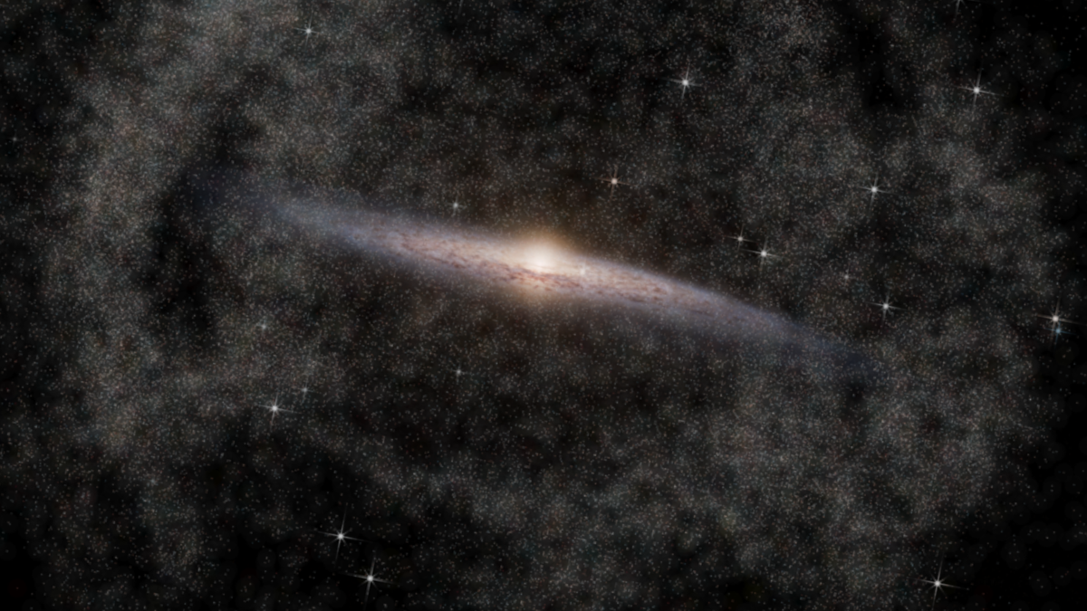 A bright white disk with an orange sphere at its center against a dark background and surrounded by white smoke