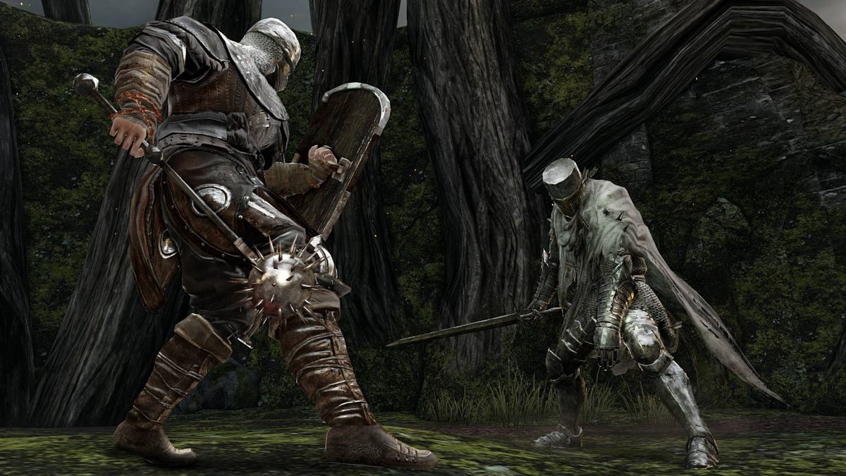 A screenshot from Dark Souls 2 of a player fighting a knight enemy.