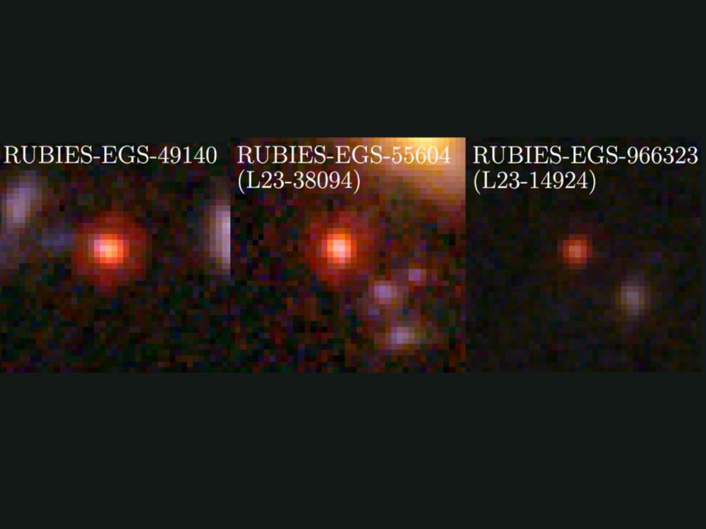 Astronomers used JWST to investigate three mysterious objects in the very early Universe. These little red dots contain extremely ancient stars and supermassive black holes. Courtesy JWST/Penn State University.