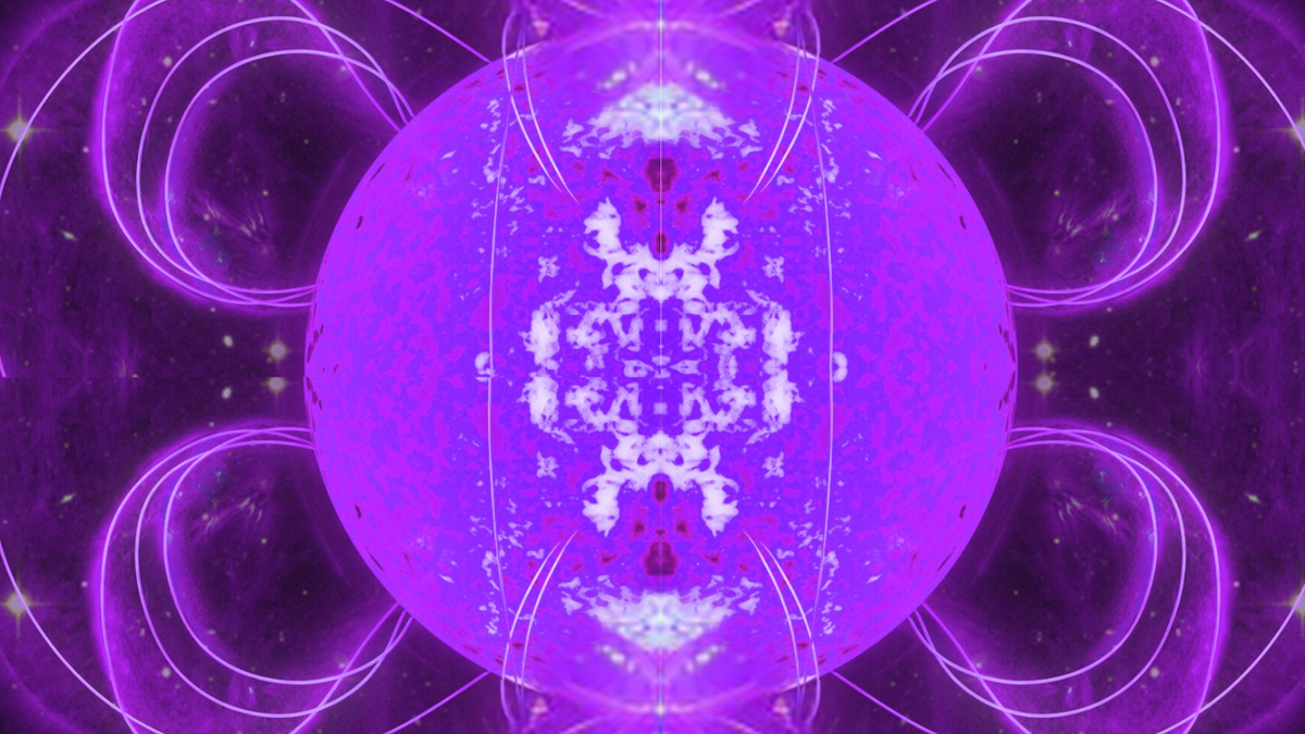 A bright glowing purple sphere surrounded by purple loops